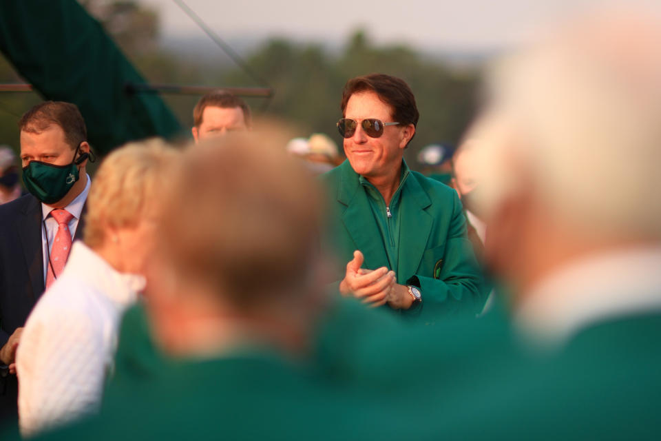 AUGUSTA, GEORGIA - APRIL 08: Phil Mickelson of the United States looks on during the opening ceremony prior to the start of the first round of the Masters at Augusta National Golf Club on April 08, 2021 in Augusta, Georgia. (Photo by Mike Ehrmann/Getty Images)