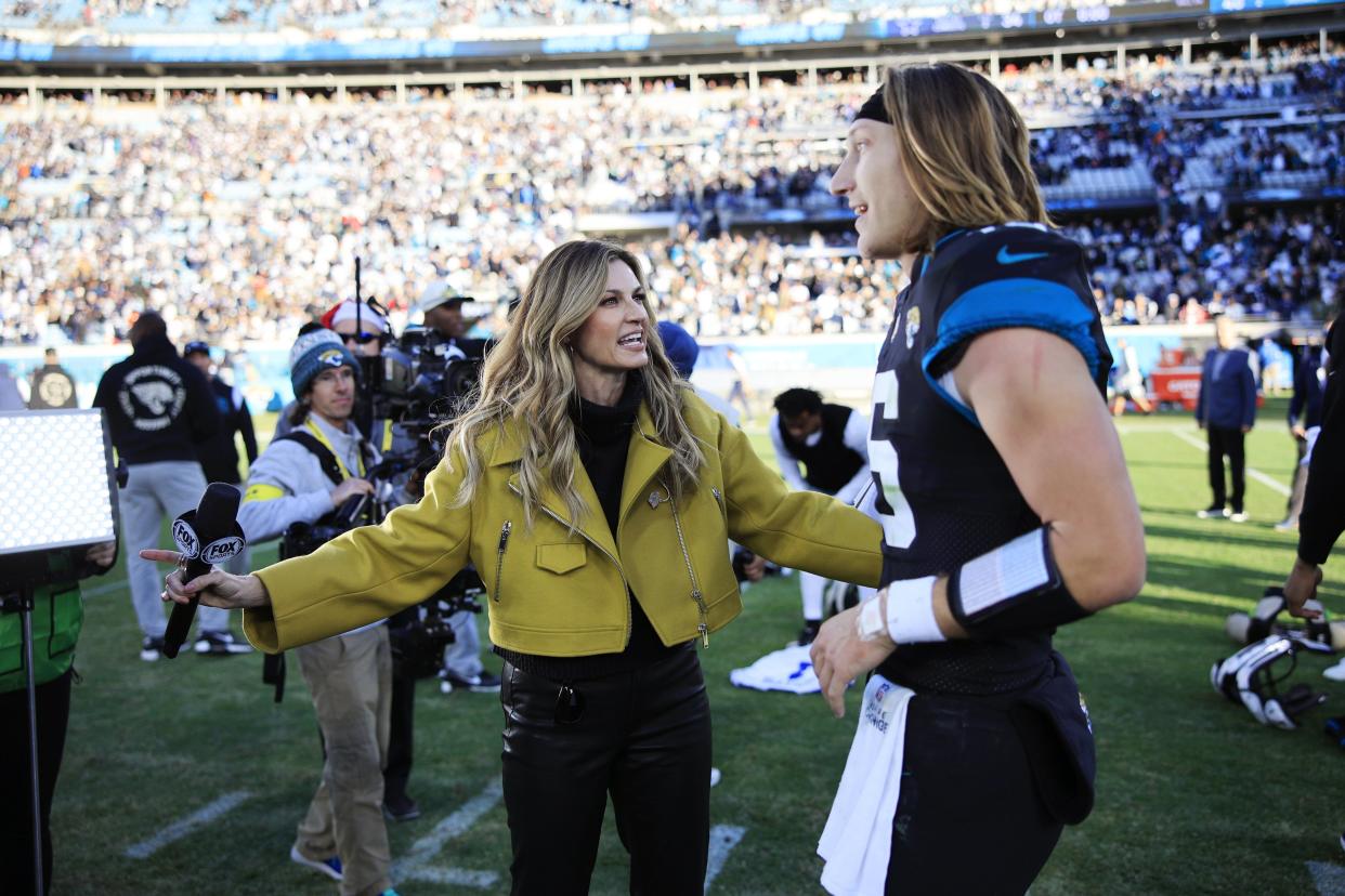 Fox Sports sportscaster Erin Andrews interviews Jacksonville Jaguars quarterback Trevor Lawrence (16) after the game of a regular season NFL football matchup Sunday, Dec. 18, 2022 at TIAA Bank Field in Jacksonville. The Jacksonville Jaguars edged the Dallas Cowboys 40-34 in overtime. [Corey Perrine/Florida Times-Union]

Jki 121822 Cowboys Jags Cp 29