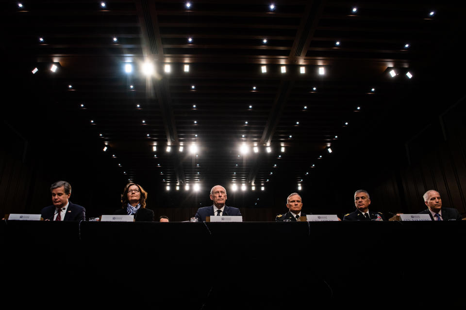 From left, FBI Director Christopher Wray, CIA Director Gina Haspel, Director of National Intelligence Daniel Coats, Defense Intelligence Agency Director Gen. Robert Ashley, National Security Agency Director Gen. Paul Nakasone and National Geospatial-Intelligence Agency Director Robert Cardillo testify to the Senate Intelligence Committee on worldwide threats on Jan. 29, 2019.