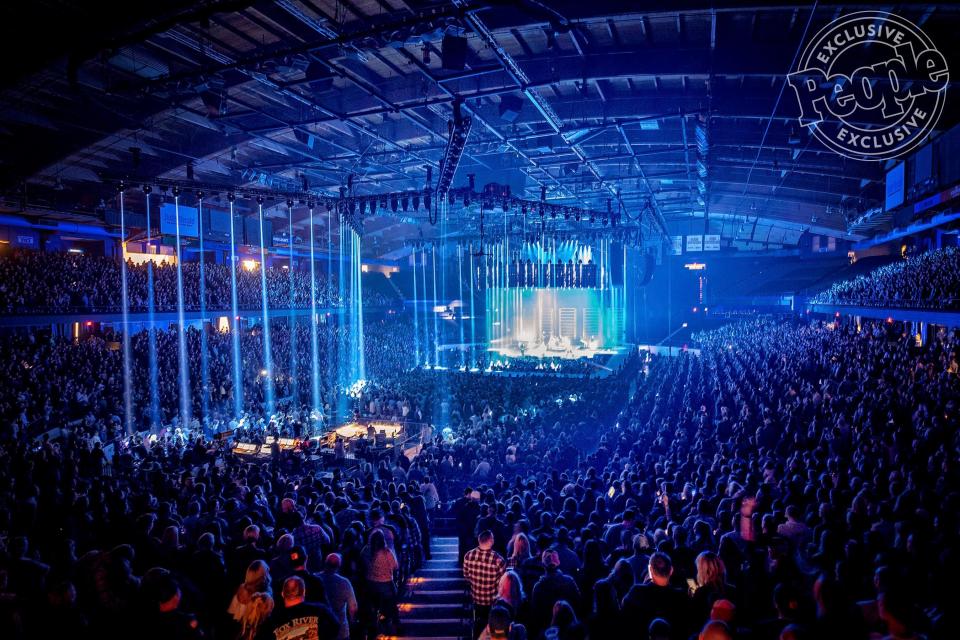 The 137,000 pound lighting rig that runs from the stage to the rear of the arena is the standout production element on the 10-bus and 18-truck Double Down Tour.