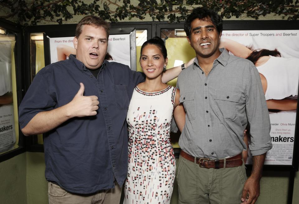 Commercial Image - Kevin Heffernan, Olivia Munn and Director/Actor Jay Chandrasekhar attend a screening of Millennium Entertainment's 'The Babymakers' at the Silent Movie Theatre on Tuesday July 24, 2012 in Los Angeles.  (Photo by Todd Williamson/Invision for Millennium Entertainment /AP Images)