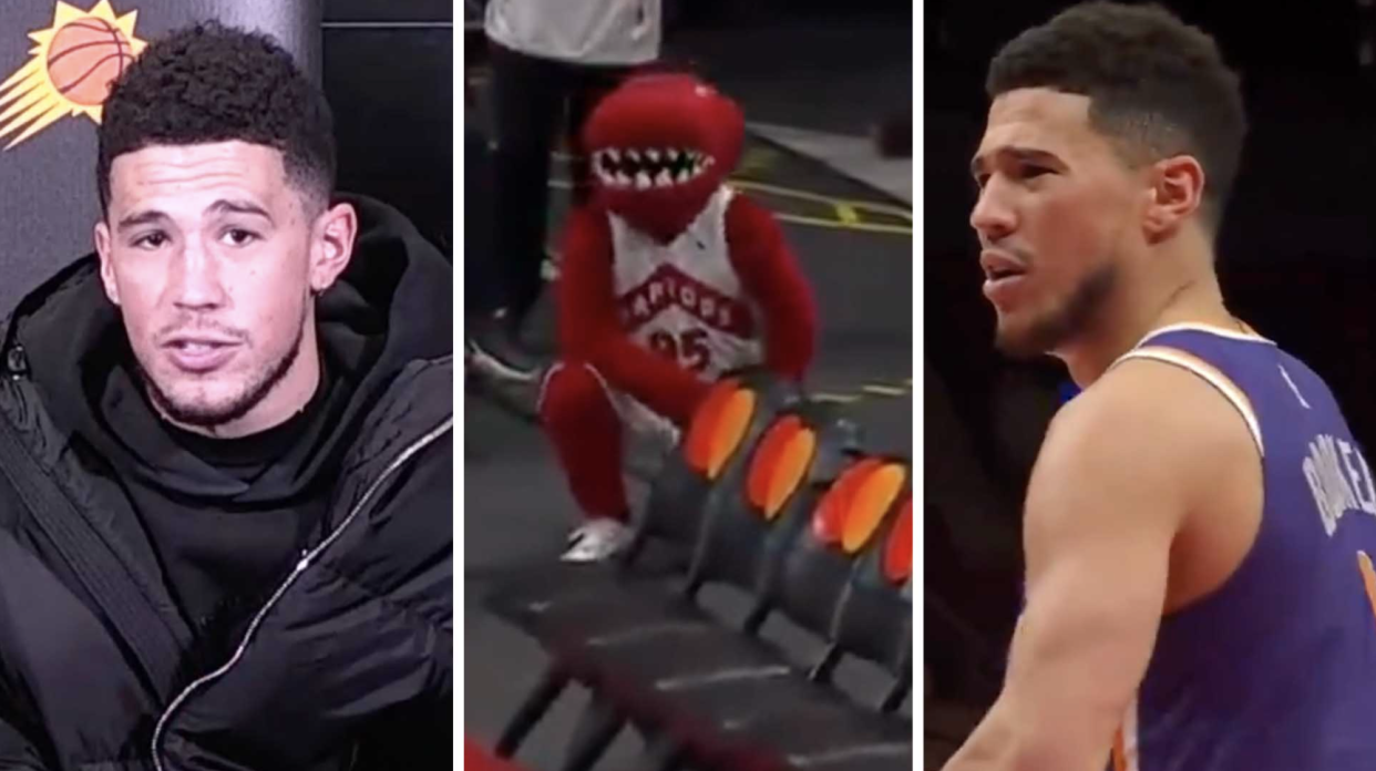 The viral feud between Suns star Devin Booker and the Raptors mascot spilled over to social media after the two apparently hashed things out post-game. (Getty/Twitter)