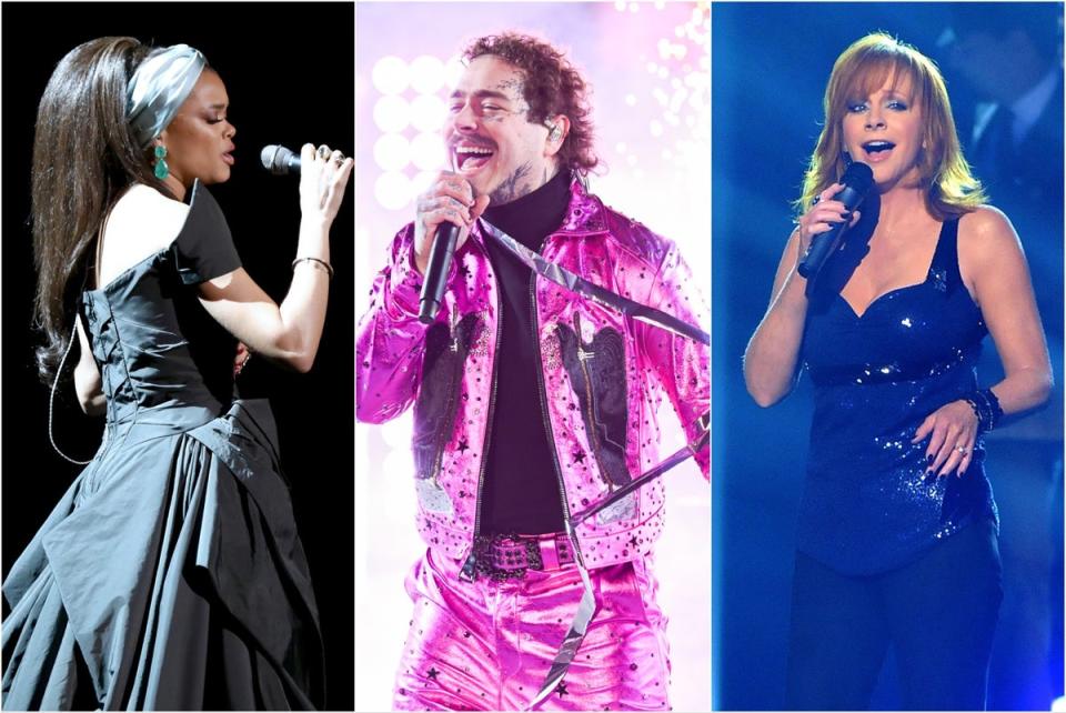 Andra Day, Post Malone and Reba McEntire are performing at this year’s Super Bowl (Getty)