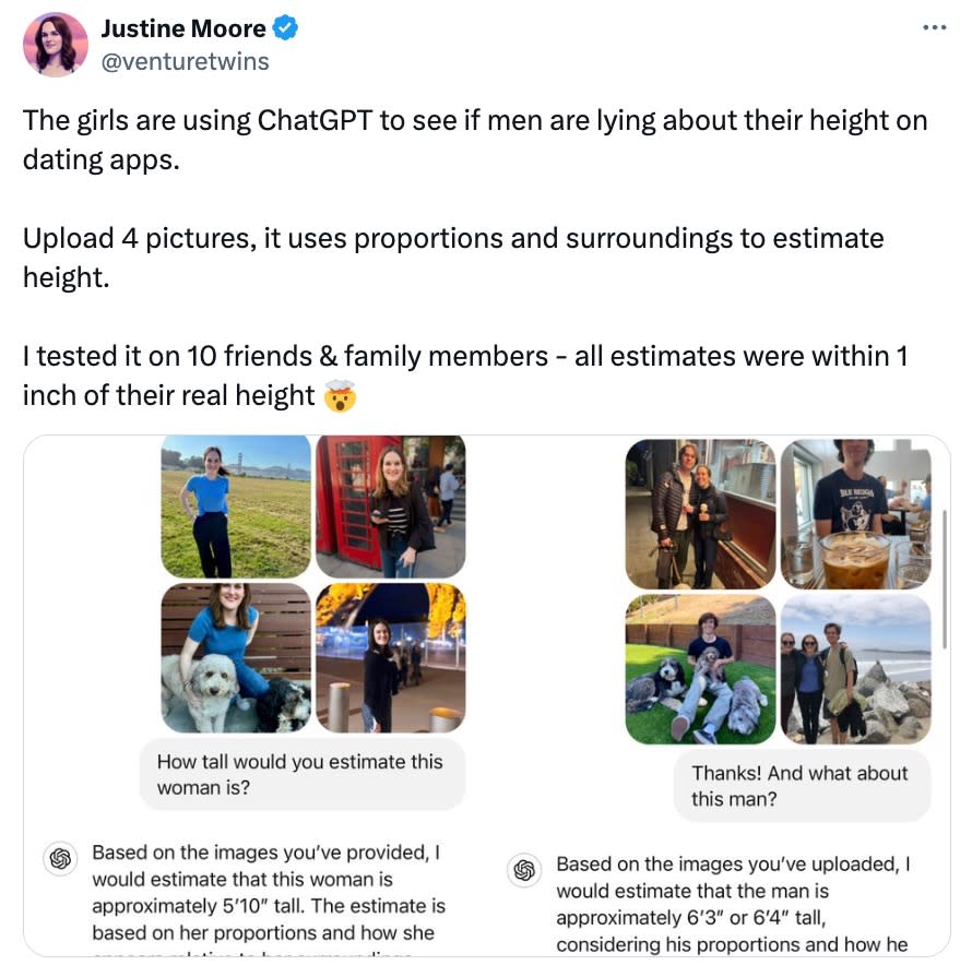 Moore shared screenshots of ChatGPT’s near-accurate estimations of her friends’ and family members’ measurements. @venturetwins/X