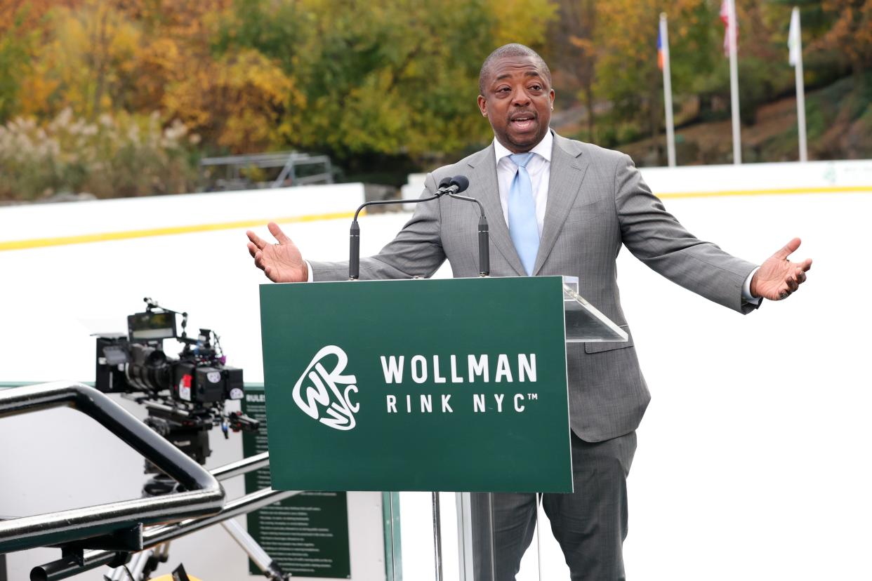 New York Lt. Governor Brian Benjamin speaks at the Grand Reopening of Wollman Rink NYC in Central Park in Manhattan, New York.