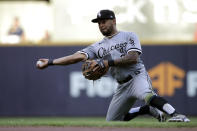 Chicago White Sox's Leury Garcia throws out a runner during the third inning of a baseball game against the Milwaukee Brewers, Saturday, July 24, 2021, in Milwaukee. (AP Photo/Aaron Gash)