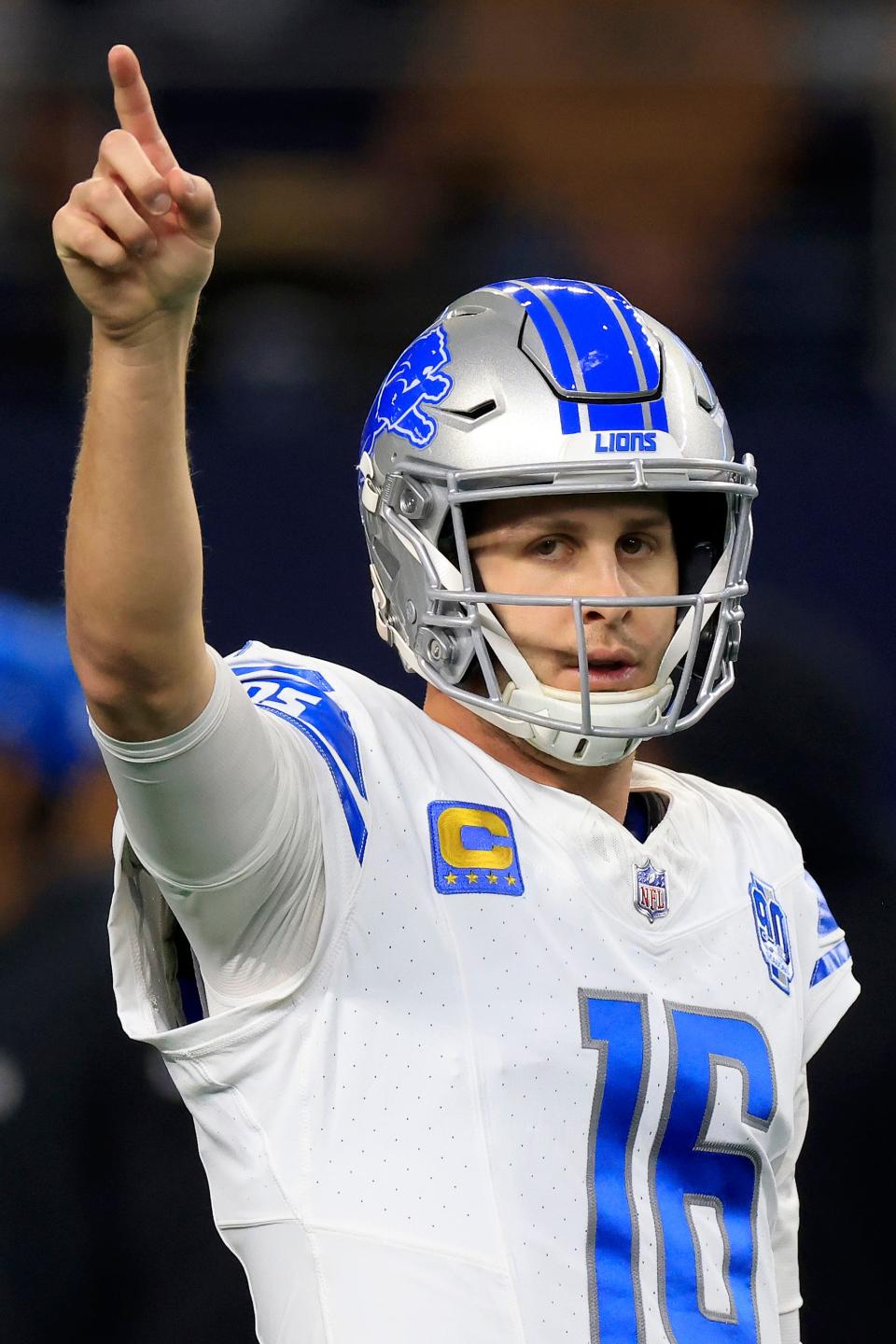 Jared Goff of the Detroit Lions prior to the game against the Dallas Cowboys at AT&T Stadium on December 30, 2023 in Arlington, Texas.