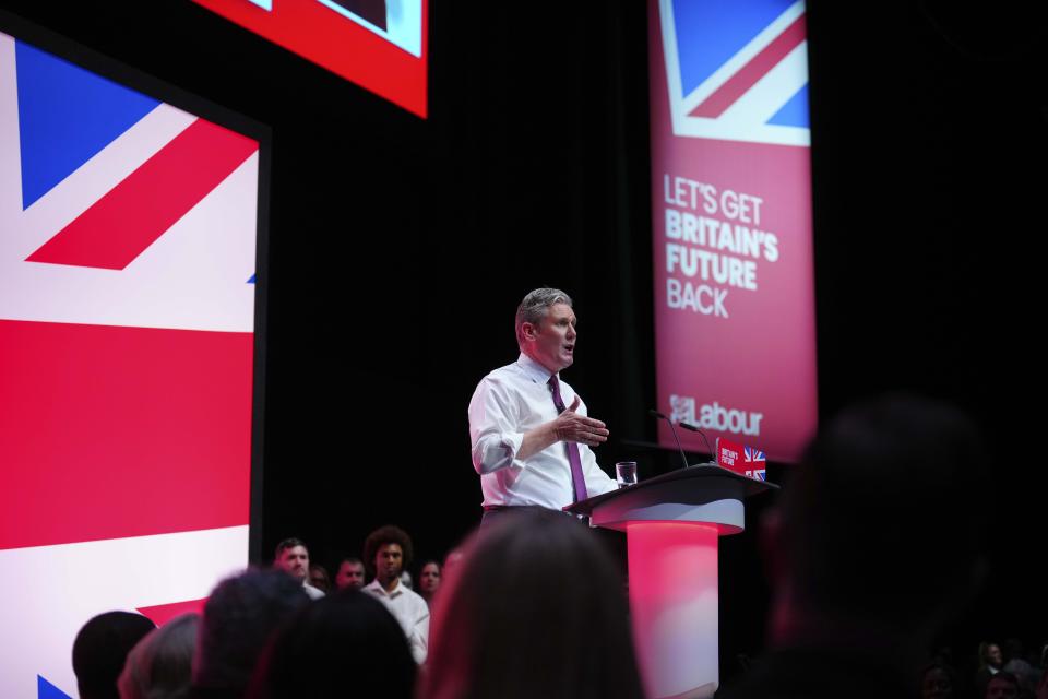 FILE - Britain's opposition Labour Party leader Keir Starmer delivers his keynote speech at the Labour Party conference in Liverpool, England, Tuesday, Oct. 10, 2023. (AP Photo/Jon Super, File)