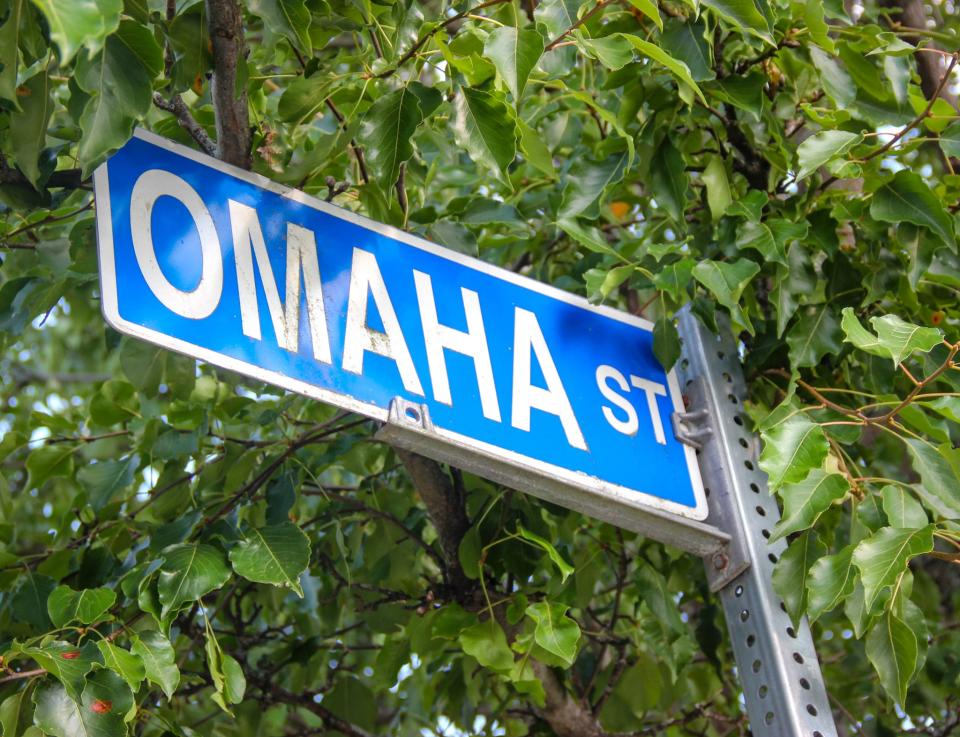 A street sign hides under a tree on Omaha Street in Fall River.