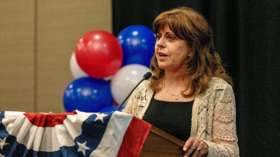 Dorothy Moon, who chairs the Idaho Republican Party, speaks at the GOP election night watch party at the Riverside Hotel on Tuesday. “I think we’re fighting for the heart and soul of the party and the heart and soul of Idaho,” she told members of her party.