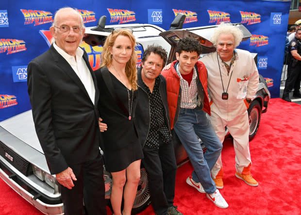 Christopher Lloyd, Lea Thompson, Michael J. Fox, Casey Likes and Roger Bart at the gala performance of "Back to the Future: The Musical" held at Winter Garden Theatre on July 25, 2023 in New York City. (Photo by Bryan Bedder/Variety via Getty Images)<p><a href="https://www.gettyimages.com/detail/1554857576" rel="nofollow noopener" target="_blank" data-ylk="slk:Variety/Getty Images;elm:context_link;itc:0;sec:content-canvas" class="link ">Variety/Getty Images</a></p>