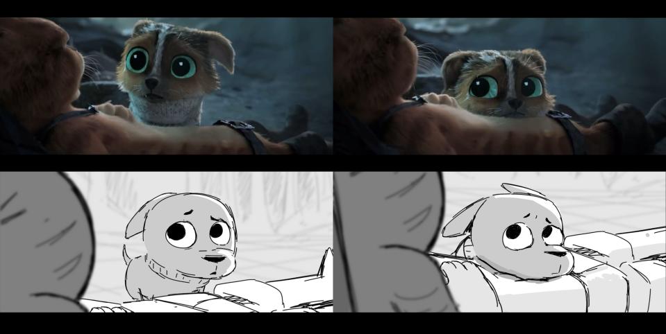 a composite of two storyboards and final shot comparisons in puss in boots: the last wish. the two images show a small dog, perrito, looking up towards puss in boots with concern in his eyes, before putting his head on his chest while still looking up to his face. puss' face is unseen to the camera, but he has his paw resting on his chest as if he's having trouble breathing.