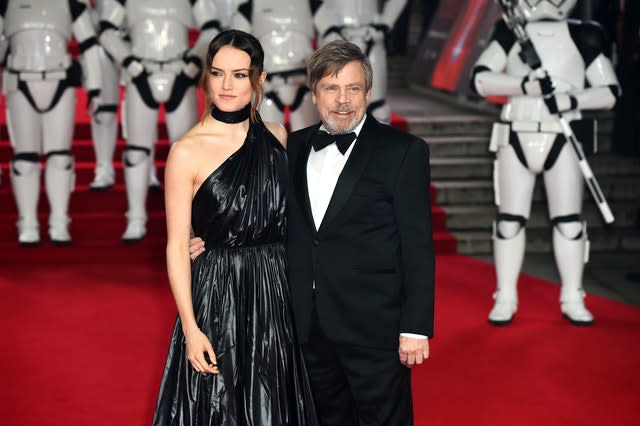 Daisy Ridley (left) and Mark Hamill attending the european premiere of Star Wars: The Last Jedi held at The Royal Albert Hall, London