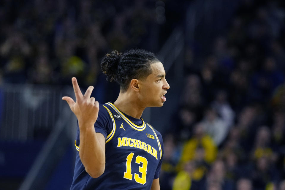 Michigan guard Jett Howard reacts after a play during the first half of an NCAA college basketball game against Ohio State, Sunday, Feb. 5, 2023, in Ann Arbor, Mich. (AP Photo/Carlos Osorio)