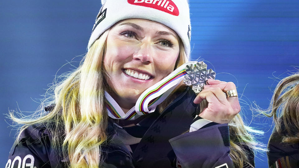 Mikaela Shiffrin, pictured here with her silver medal at the FIS Alpine World Cup Championships in France.