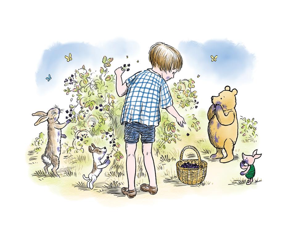 Rabbit, Carmen, Christopher Robin, Pooh and Piglet eat blackberries