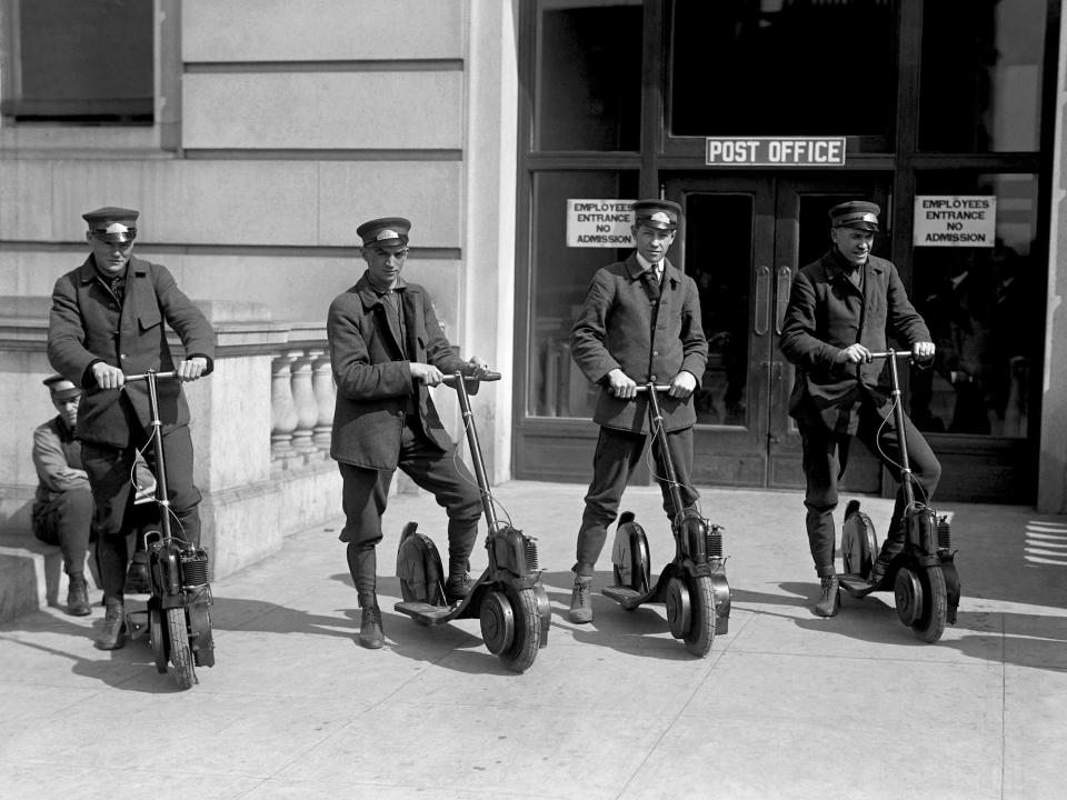 Mail delivery scooters in the mid-1910s.