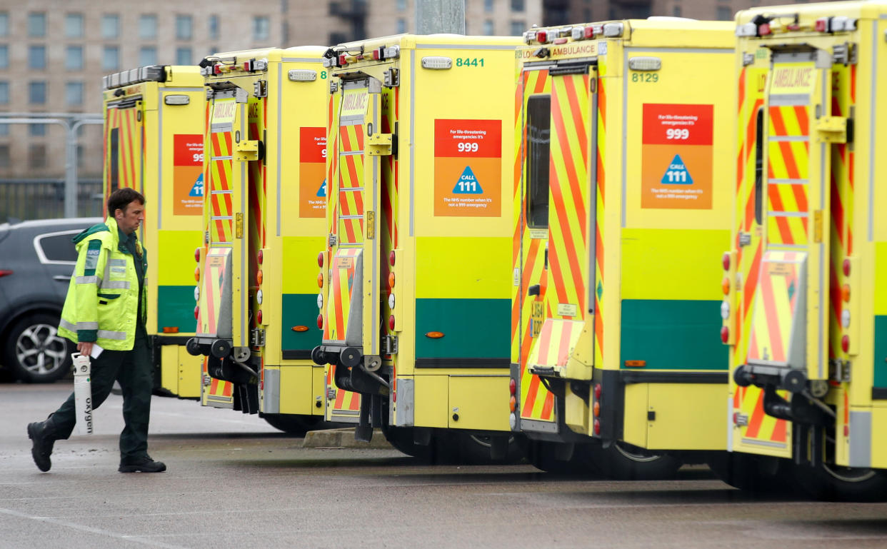 A paramedic and ambulances are seen outside the NHS Nightingale Hospital at the Excel Centre, as the spread of the coronavirus disease (COVID-19) continues, London, Britain, April 6, 2020. REUTERS/Matthew Childs