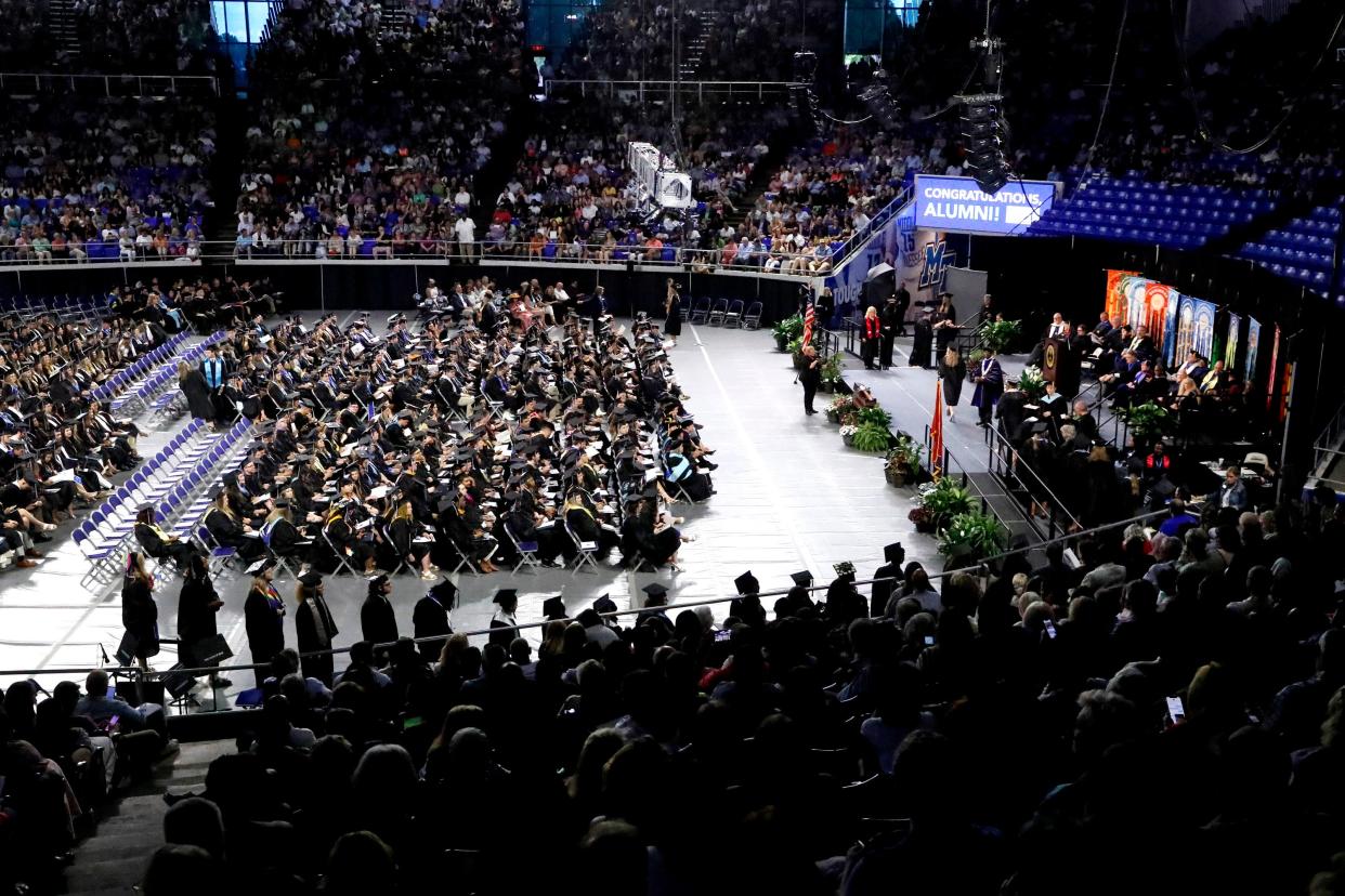 MTSU graduates lineup to cross the stage to be announced during MTSU’s afternoon 2024 Spring Commencement ceremony at Murphy Center, on Saturday, May 4, 2024.