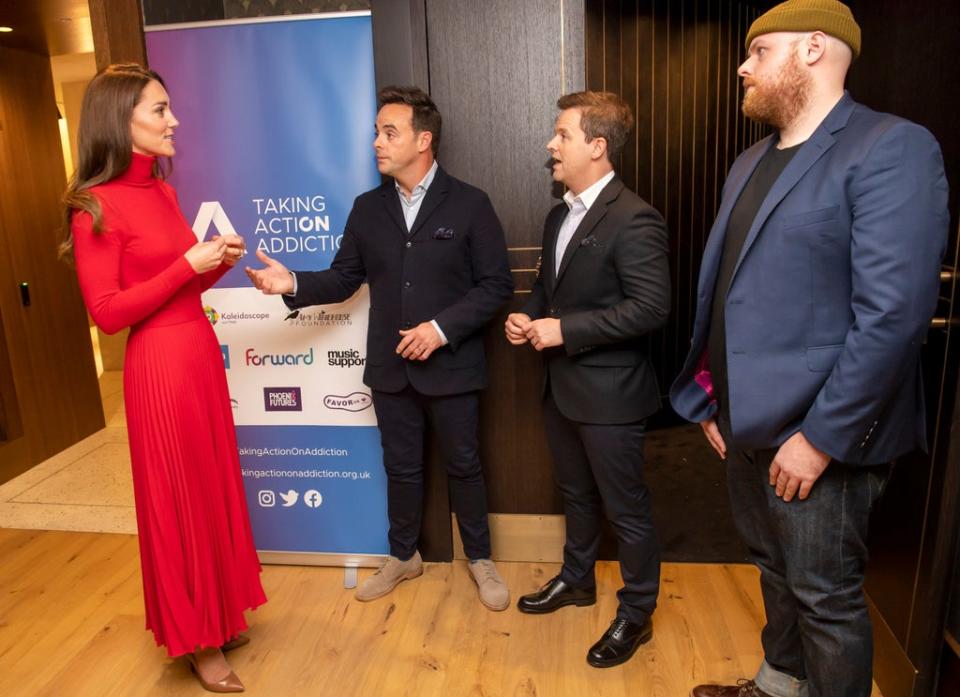 The Duchess of Cambridge meets television presenters Ant McPartlin and Declan Donnelly, and musician Tom Walker at the launch of the Forward Trust's Taking Action on Addiction campaign (PA)