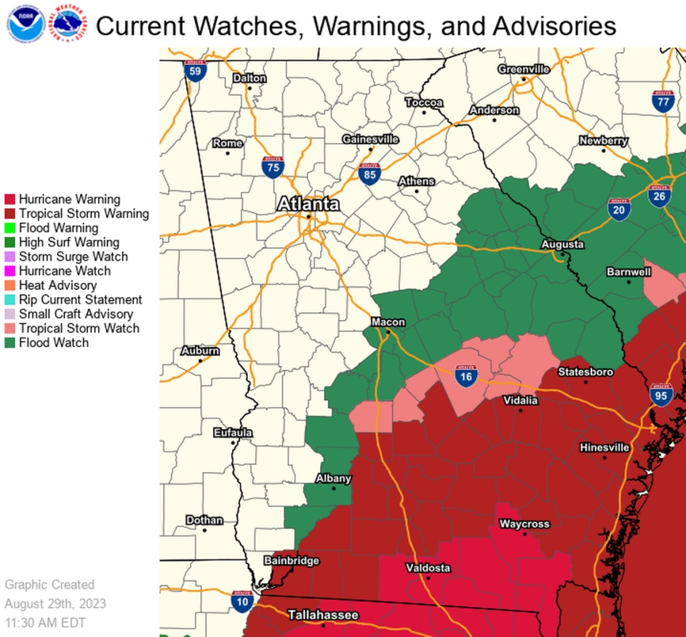 Hurricane Idalia impacts throughout Georgia bring hurricane warnings, tropical storm warnings and watches, and floods throughout South and Southeast Georgia. 