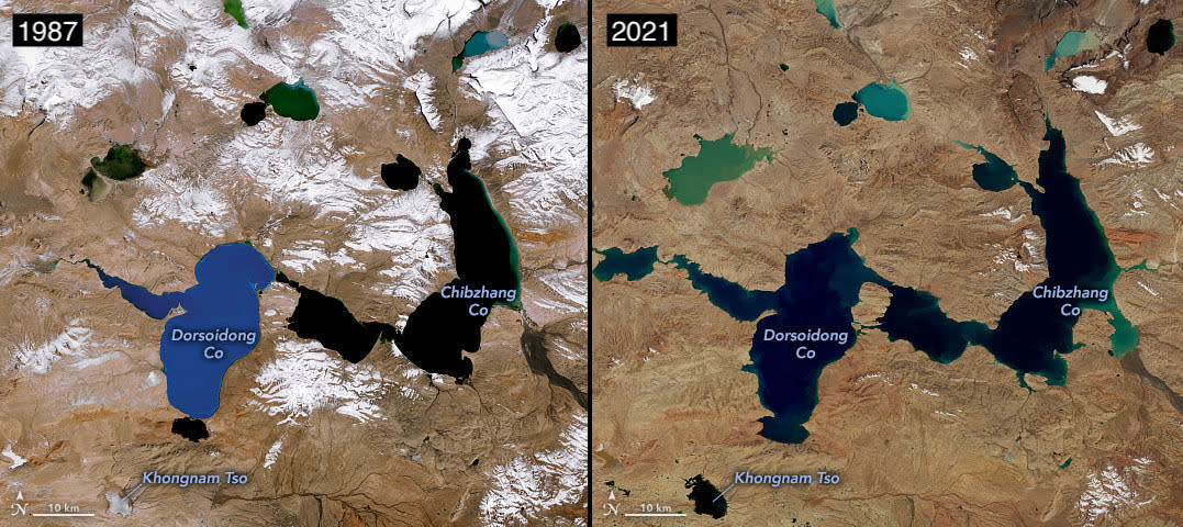Lakes near the Tanggula Mountains on the Tibetan Plateau in October 1987, left, and October 2021, right. Lakes have grown as glaciers have melted. NASA