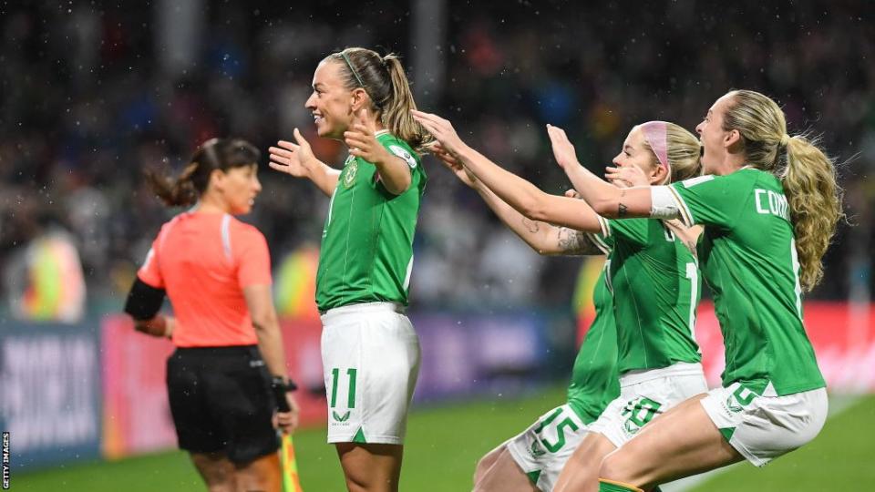 Republic of Ireland captain Katie McCabe celebrates with team-mates Denise O'Sullivan and Megan Connolly after scoring her side's first Women's World Cup goal