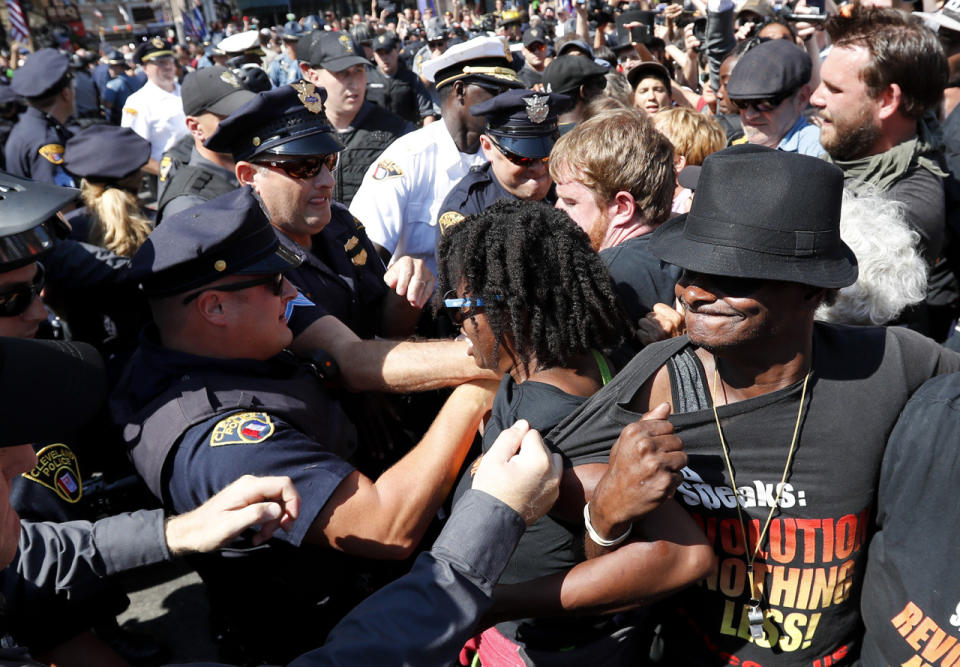 Demonstrators protest outside the RNC