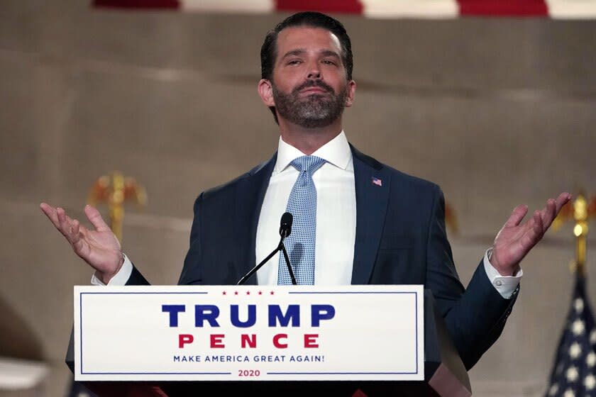 Donald Trump Jr. tapes his speech for the first day of the Republican National Convention on Monday.