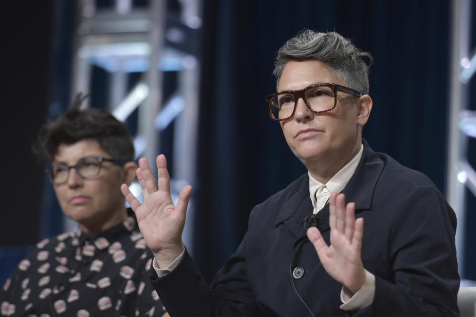 Faith Soloway, left, and Jill Soloway participate in the Amazon Prime Video "Transparent" panel at the Television Critics Association Summer Press Tour on Saturday, July 27, 2019, in Beverly Hills, Calif. (Photo by Richard Shotwell/Invision/AP)