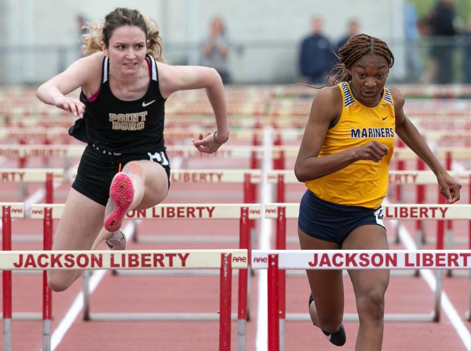 Point Pleasant Boroâ€™s Shea Burke wins the girls hurdles event. Ocean County Track Championships take place at Jackson Liberty High School. Jackson, NJSaturday, May14, 2022
