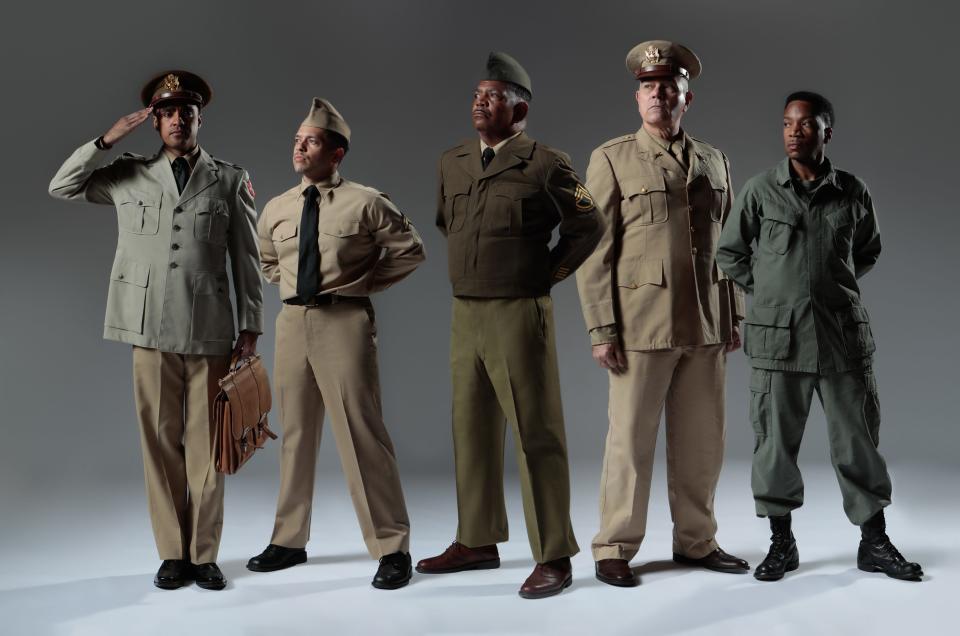 From left, Michael Mendez, Donovan Whitney, Patric Robinson, Eric Van Baars and Terry Spann are among the stars of the Westcoast Black Theatre Troupe production of “A Soldier’s Play” by Charles Fuller.