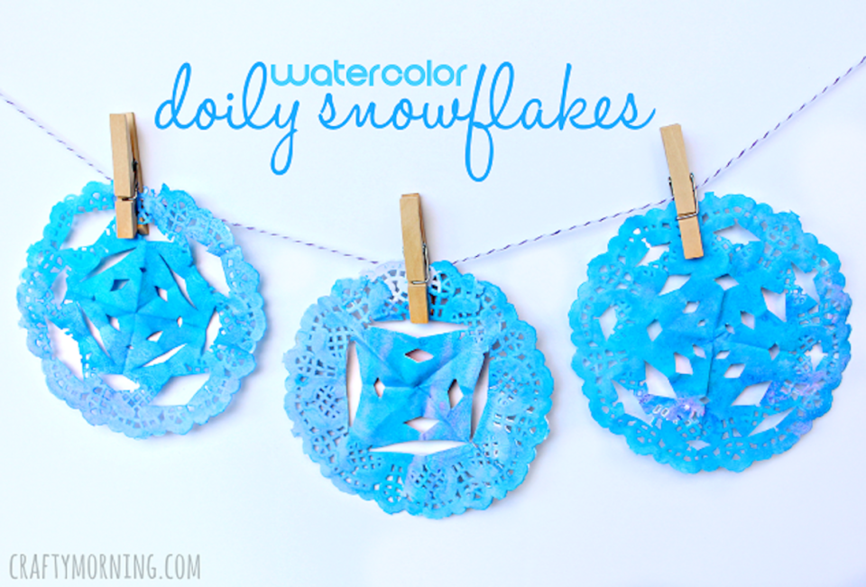 <p>Crafty Morning</p><p>Instead of using paper to cut out snowflakes, use doilies for an updated look, as <em><a href="https://www.craftymorning.com/watercolor-doily-snowflakes-kids-craft/" rel="nofollow noopener" target="_blank" data-ylk="slk:Crafty Morning;elm:context_link;itc:0;sec:content-canvas" class="link ">Crafty Morning</a></em> did. Then, paint them with watercolors.</p>