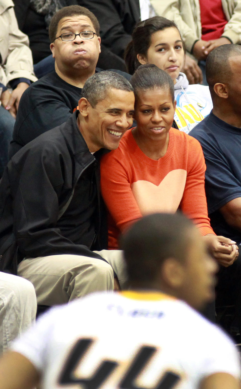 Michelle Obama wore a heart-print sweater in 2011. (Photo: Martin H. Simon-Pool/Getty Images)