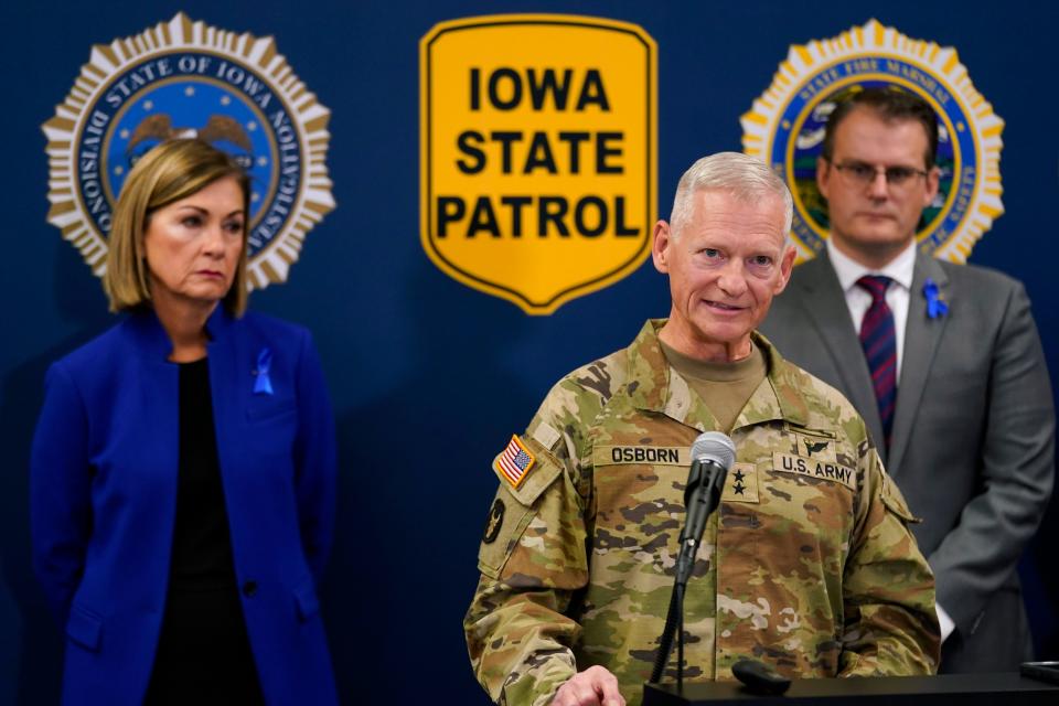 Adjutant General for the Iowa National Guard Major General Stephen Osborn speaks during a news conference about the Iowa National Guard and Iowa Department of Public Safety deployment to the southern border, Wednesday, Oct. 25, 2023, in Des Moines, Iowa.