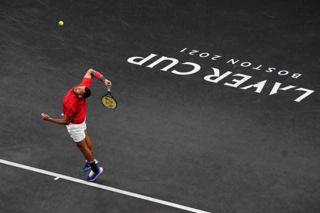 Nick Kyrgios hits a serve at the Laver Cup