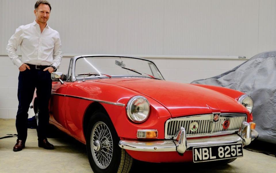 Christian Horner with Geri Halliwell's first car, a 1964 MGB GT 