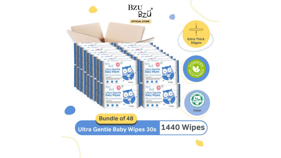 (CARTON DEAL) Bzu Bzu Ultra Gentle Fragrance Free Baby Wet Wipes, 30s x 48. (Photo: Shopee SG)