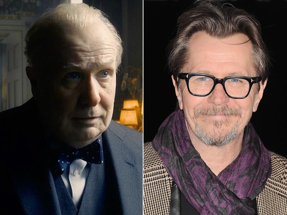 Oldman won an Oscar for his chameleon-like transformation into Winston Churchill in <em>Darkest Hour.</em> Becoming the former British prime minister took 200 hours of makeup work, according to <em><a href="http://deadline.com/2017/03/gary-oldman-winston-churchill-movie-darkest-hour-make-up-cinemacon-1202055102/" rel="nofollow noopener" target="_blank" data-ylk="slk:Deadline;elm:context_link;itc:0;sec:content-canvas" class="link ">Deadline</a></em>. The sinewy actor also told the outlet he “carried around half my body weight” in prosthetics to look more like the heavier Churchill. 