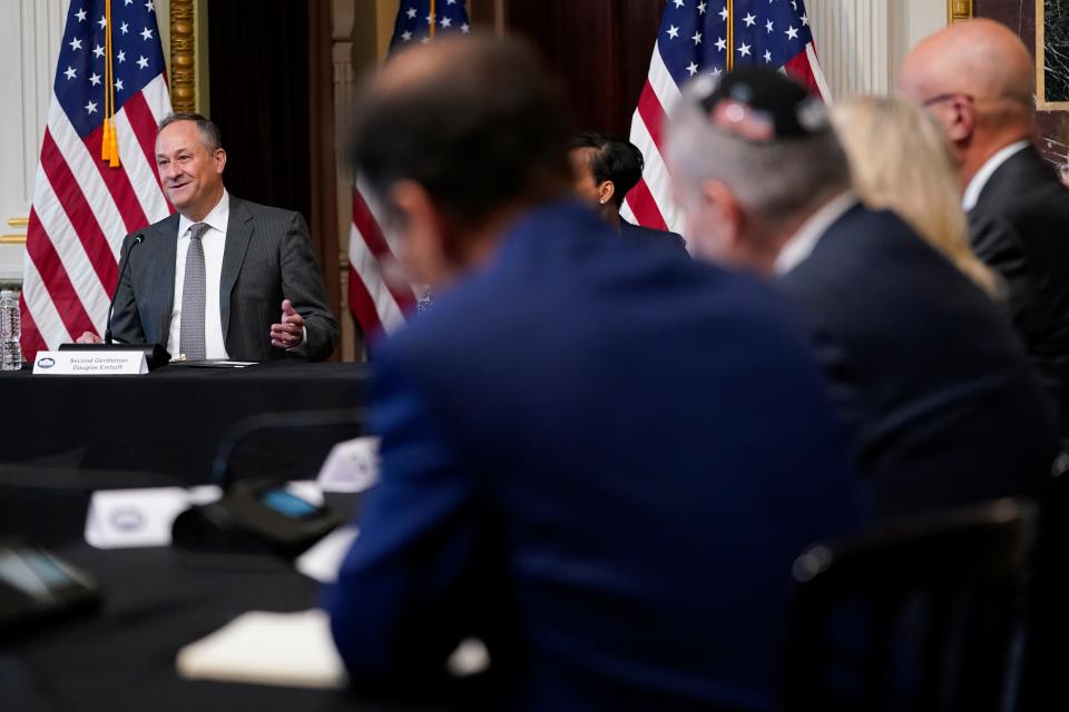 Doug Emhoff, the husband of Vice President Kamala Harris, speaks at a White House roundtable discussion with Jewish leaders about the rise in antisemitism.