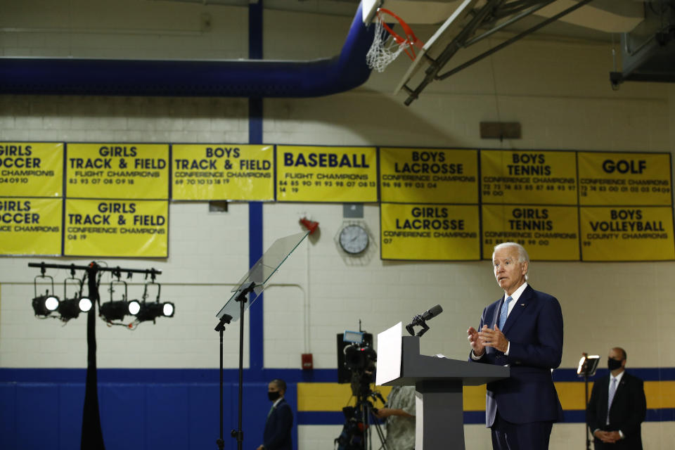 Democratic presidential candidate, former Vice President Joe Biden speaks at Alexis Dupont High School in Wilmington, Del., Tuesday, June 30, 2020. (AP Photo/Patrick Semansky)