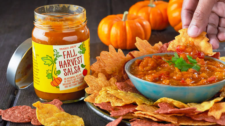 A jar of Trader Joe's Fall Harvest Salsa with fall tortilla chips