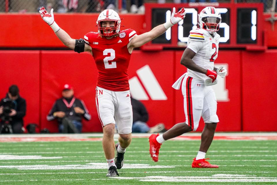 Nov 11, 2023; Lincoln, Nebraska, USA; Nebraska Cornhuskers defensive back Isaac Gifford (2) celebrates after an interception against the Maryland Terrapins during the third quarter at Memorial Stadium. Mandatory Credit: Dylan Widger-USA TODAY Sports