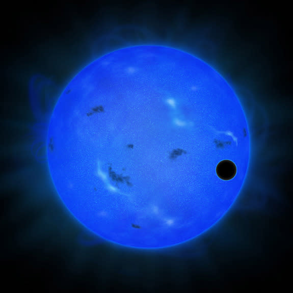 An artist's rendition of Gliese 1214 b traveling in front of its star, shown in blue light.