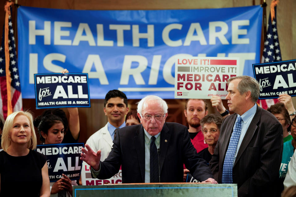 Democratic U.S. presidential candidate U.S. Sen. Bernie Sanders (I-VT) speaks at a news conference to introduce the "Medicare for All Act of 2019" on Capitol Hill in Washington, U.S., April 10, 2019. REUTERS/Aaron P. Bernstein - RC113EEF0A60