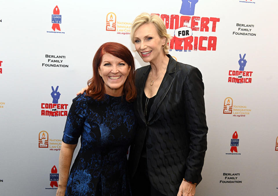 Actresses Kate Flannery and Jane Lynch attend the Concert for America at Royce Hall, UCLA on September 21, 2019 in Westwood, California.