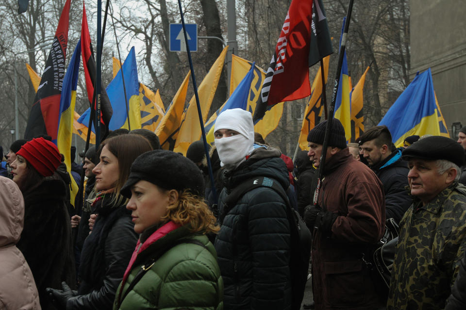 <p>Three Ukrainian far right organizations Azov, Svoboda and Right Sector gather about 10 thousands of its members and supporters for a “March of National Dignity” downtown Kiev, Ukraine, Feb. 22, 2017. (Sergii Kharchenko/NurPhoto via Getty Images) </p>