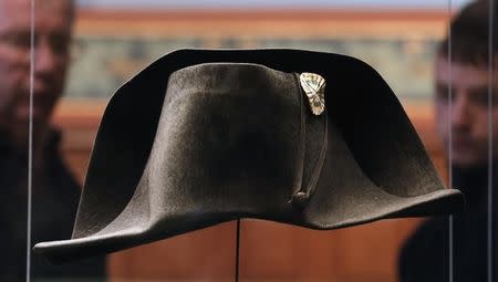 Transport staff members prepare to pack the two-cornered hat worn by French Emperor Napoleon during the Battle of Waterloo in 1815, at the Museum of Sens in the Burgundy region, March 10, 2015. REUTERS/Christian Hartmann