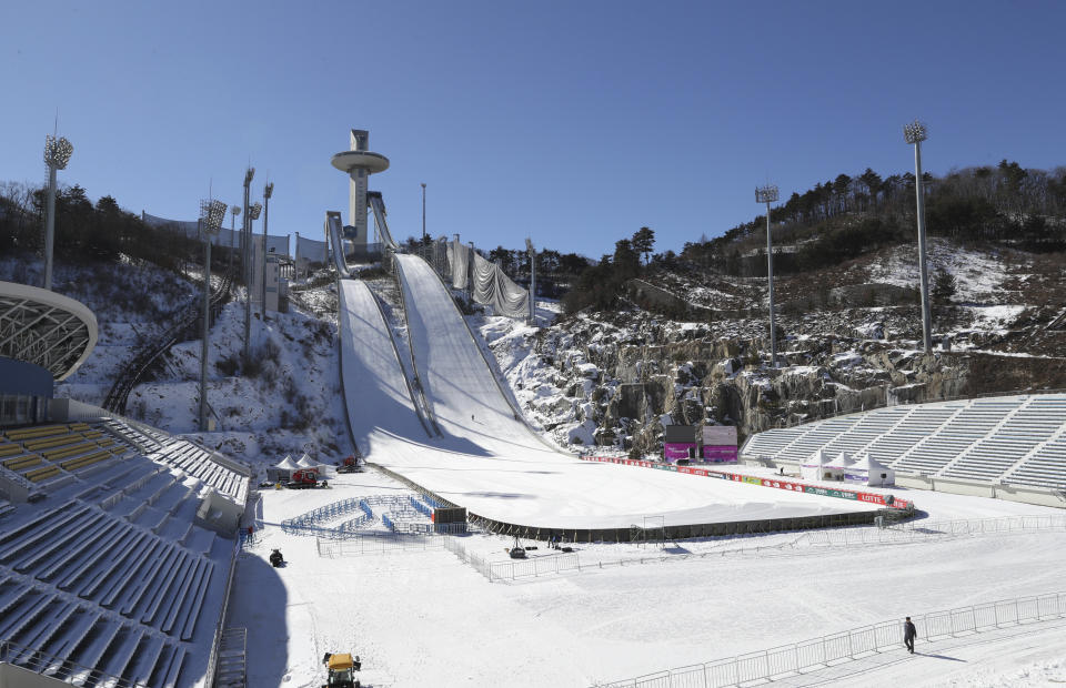 The Alpensia Ski Jumping Centre in PyeongChang, South Korea, doubles as a soccer stadium for Gangwon FC. (AP)