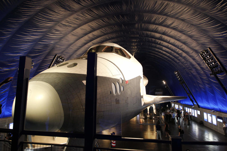 The Space Shuttle Enterprise sits on display at the Sea, Air and Space Museum's Space Shuttle Pavilion Wednesday, July 18, 2012, in New York.  The Pavilion will be open to the public Thursday, July 19, 2012.(AP Photo/Frank Franklin II)